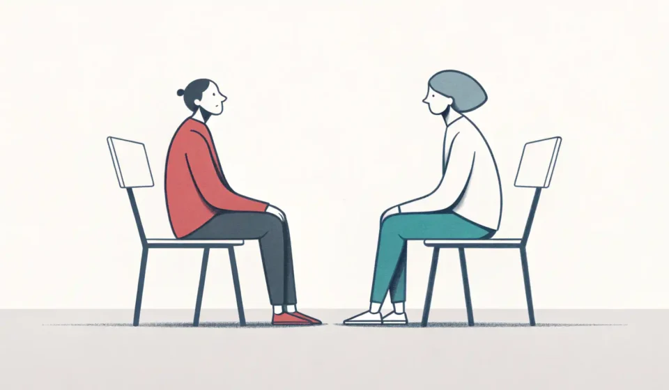 부부상담 영어로: 관계 개선을 위한 필수 표현과 대화 마주보고 앉아 대화하는 두 사람과 하트 말풍선이 있는 이미지, 부부상담 관련 영어 표현 학습을 상징함.