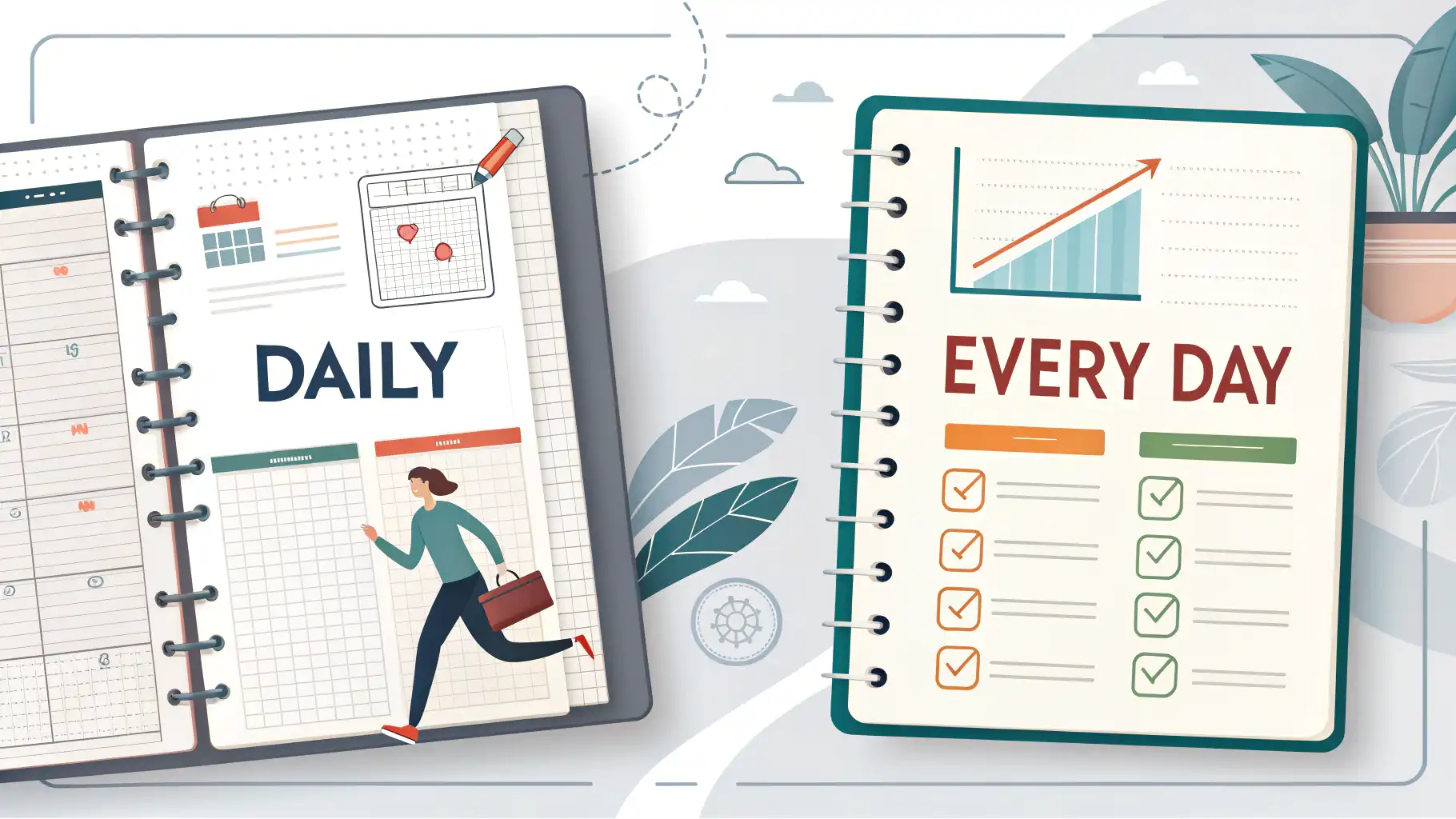 Daily와 Every day, 헷갈리는 빈도 표현 완벽 정리! "Daily"와 "Every day" 영어 표현 차이 및 빈도 부사 사용법을 설명하는 썸네일 이미지. 달력과 플래너 그래픽으로 시각적 비교.