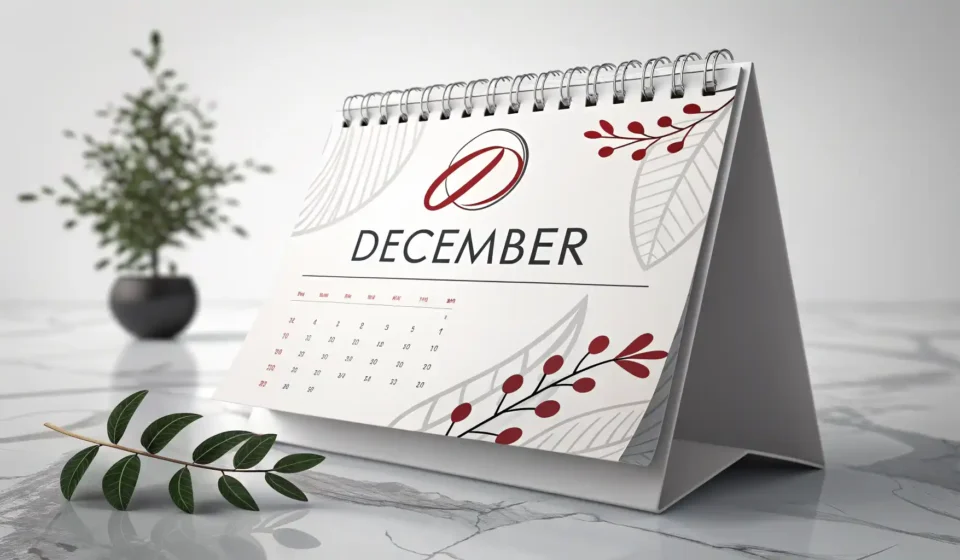 12월 영어로 어떻게 말할까요? December 완벽 가이드 12월 달력과 영어 학습 아이디어를 상징하는 아이콘이 있는 썸네일 이미지