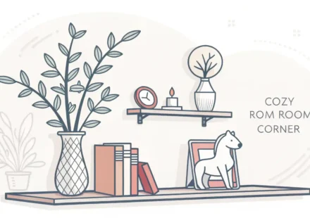 공간에 생기를 불어넣는 마법, 장식을 영어로 자유롭게 표현하세요 장식품(꽃병, 피규어, 벽 장식)이 있는 방 한 켠과 장식 관련 영어 표현 학습을 상징하는 아이콘.