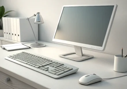 데스크탑 관련 영어 표현: 컴퓨터 앞에서 당당해지세요! 데스크탑 컴퓨터와 영어 학습을 상징하는 아이콘이 있는 이미지