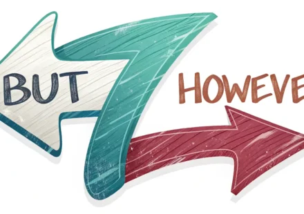 “Yet”와 “But”, 언제 어떻게 다르게 쓸까? 대립 연결 표현 완벽 정리 서로 다른 방향과 모양의 화살표와 돋보기 아이콘이 'But'과 'Yet'의 미묘한 차이와 영어 대립 표현 학습을 시각적으로 나타냅니다.