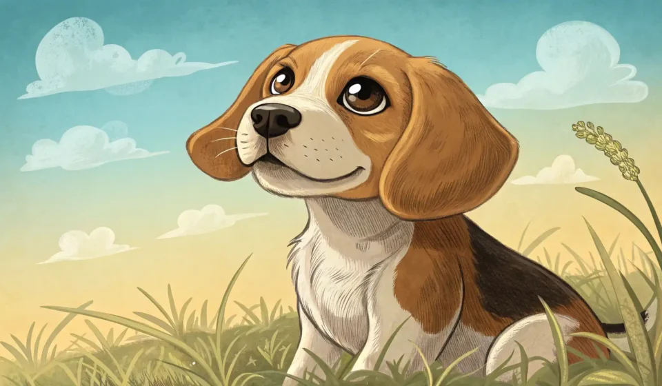 강아지 영어로? Dog 말고 Puppy, Pooch까지! 완벽 정리 귀여운 강아지가 영어 표현 학습을 상징하는 말풍선 속 전구 아이콘을 바라보는 일러스트, 강아지 관련 영어 표현 배우기