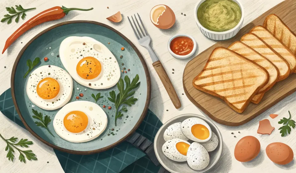 계란 영어로 완벽 정복: Egg부터 다양한 표현까지 다양한 계란 요리(프라이, 스크램블, 삶은 계란)와 영어 학습을 상징하는 아이콘이 있는 이미지