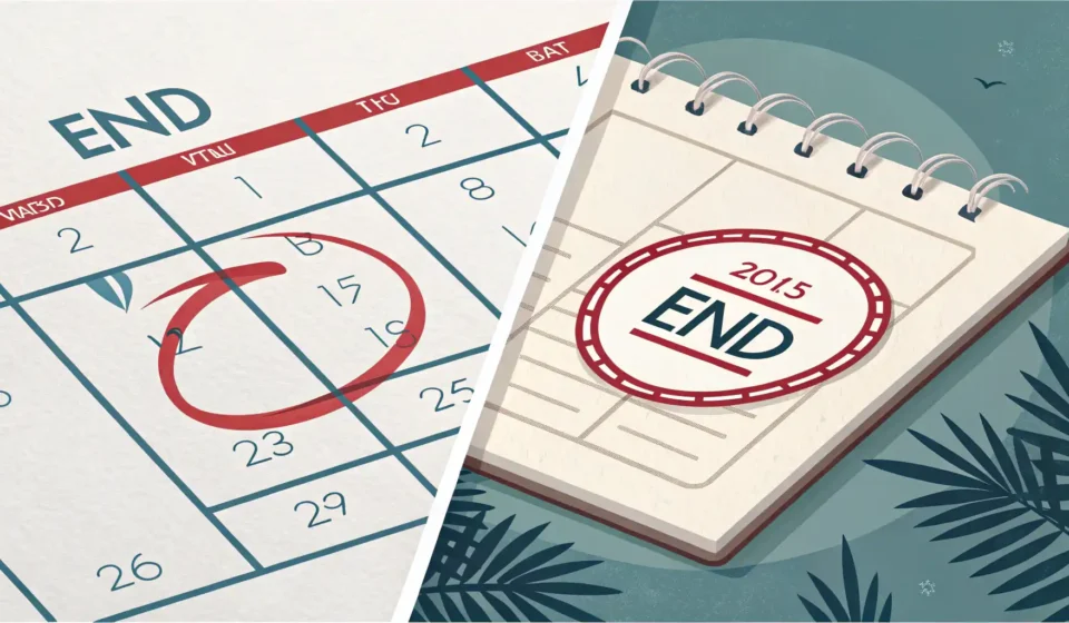 “By the end” vs “At the end”: 종료 시점을 정확하게 표현하는 법 마감 시한과 특정 종료 시점을 시각적으로 대비시키는 달력 이미지, 'By the end'와 'At the end' 영어 표현의 차이를 상징함.