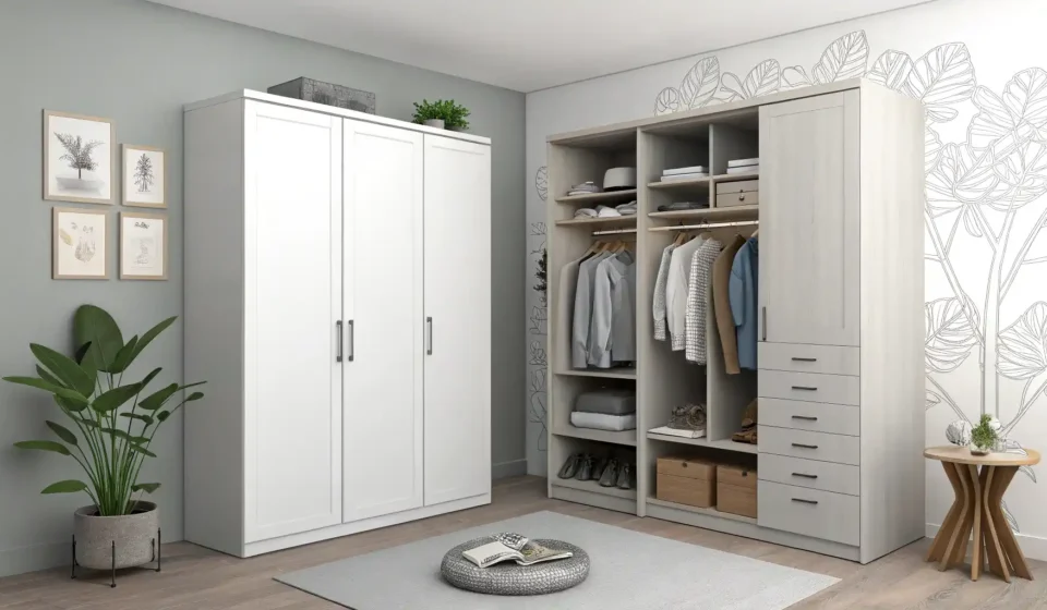 옷장 영어로? Closet vs Wardrobe 완벽 정리 및 활용법 옷장을 뜻하는 영어 단어 Closet과 Wardrobe의 차이를 시각적으로 보여주는 이미지.