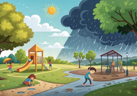 “In contrast” vs “On the contrary”: 헷갈리는 대조 표현 완벽 정리! 밝은 공원과 비 오는 도시 거리가 대비되는 분할 화면 이미지, 영어 대조 표현 'In contrast'와 'On the contrary'의 차이를 시각적으로 나타냄.