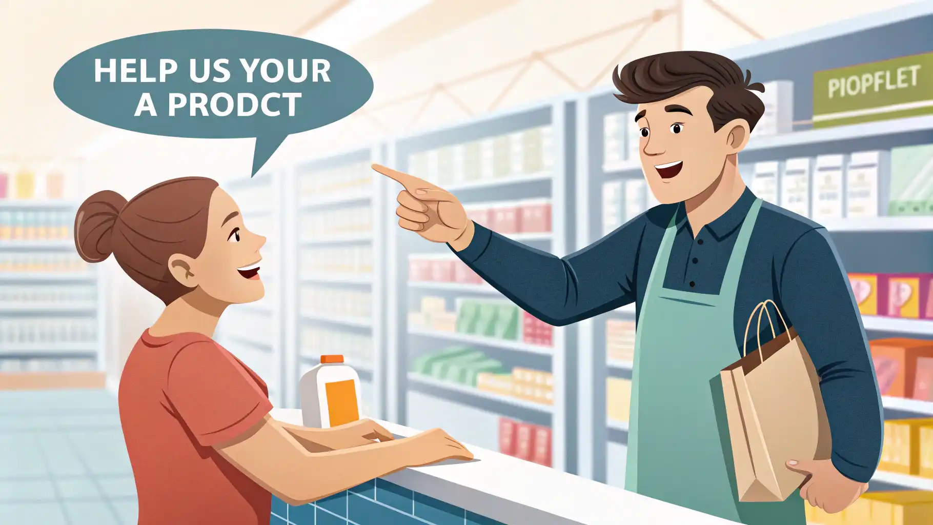 수입 식품점 영어: 자신있게 쇼핑하기 1 수입 식품점에서 손님이 직원에게 영어로 상품 위치를 묻는 대화 장면