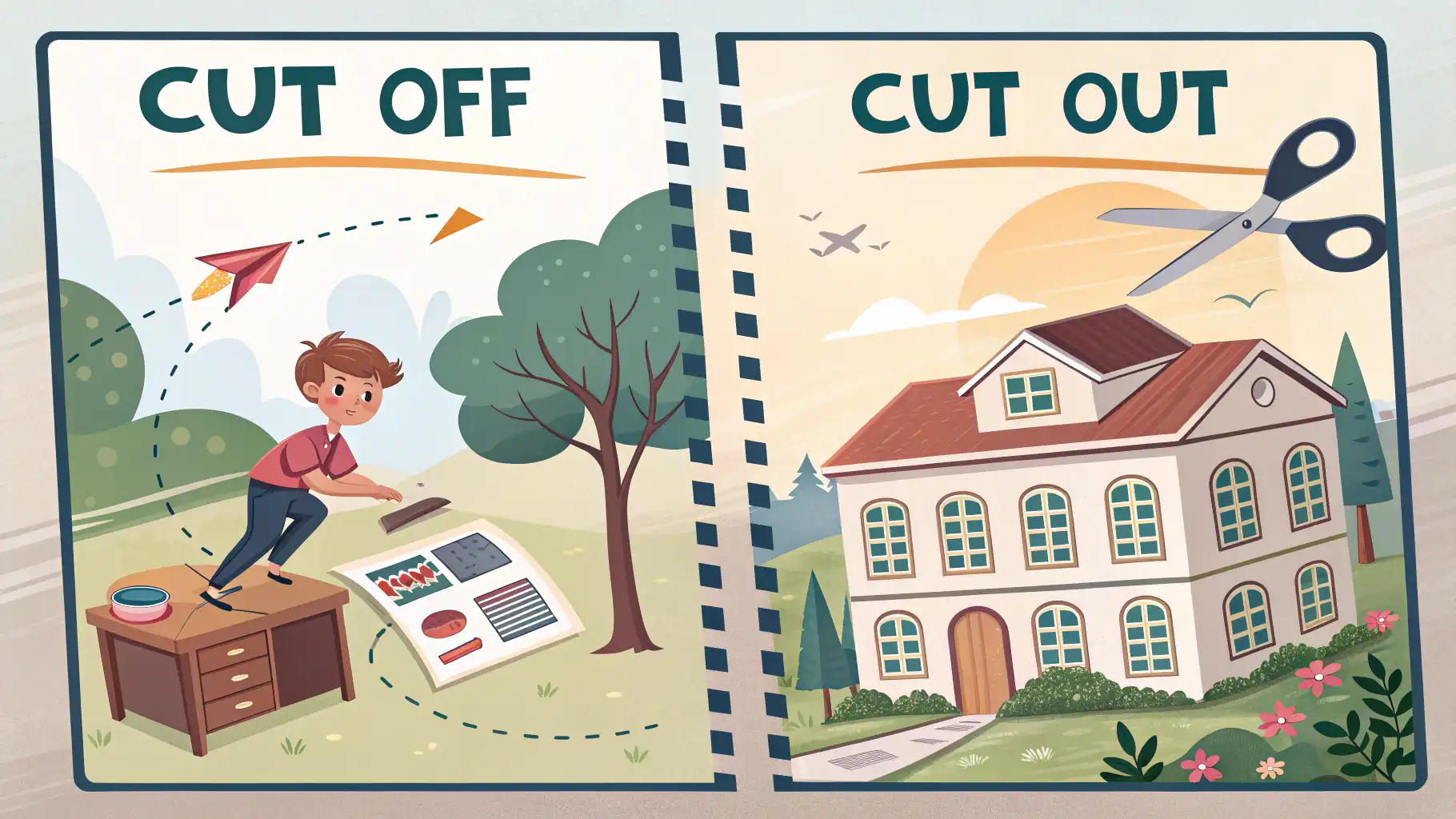 Cut off와 Cut out, 언제 어떻게 다를까요? 차단과 잘라내기 완벽 정리 영어 표현 'Cut off'와 'Cut out'의 차이를 시각적으로 보여주는 썸네일. 끊어진 전화선 아이콘('Cut off')과 종이에서 모양을 오려내는 가위 아이콘('Cut ou...