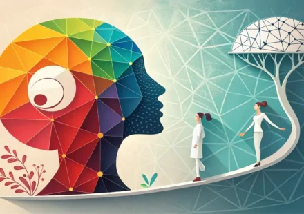 감정을 영어로 표현하는 완벽 가이드: 솔직하고 정확하게 말하기 다양한 감정을 나타내는 다채로운 추상 도형과 영어 말하기를 상징하는 말풍선 아이콘이 분할되어 배치된 이미지.