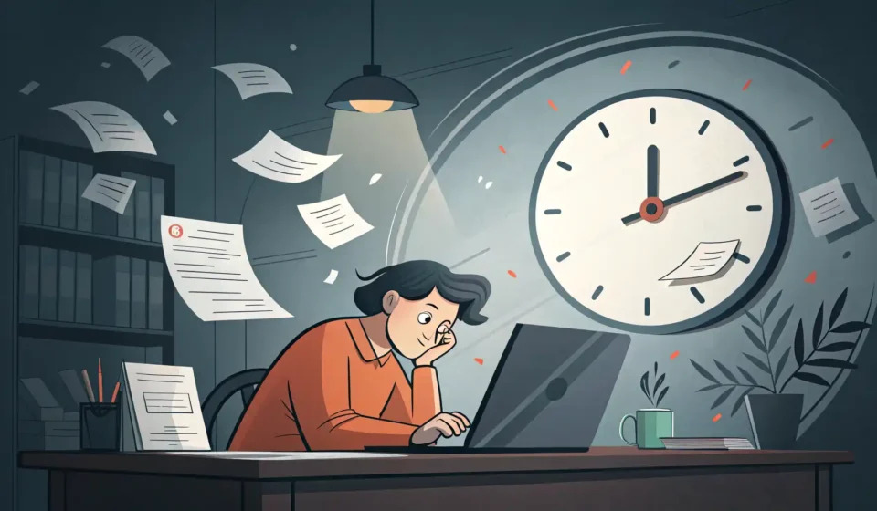 마감 임박! ‘Against the Clock’으로 시간에 쫓기는 상황 완벽 표현하기 시간에 쫓겨 마감일을 맞추려 일하는 사람과 큰 시계를 보여주는 영어 표현 학습용 이미지