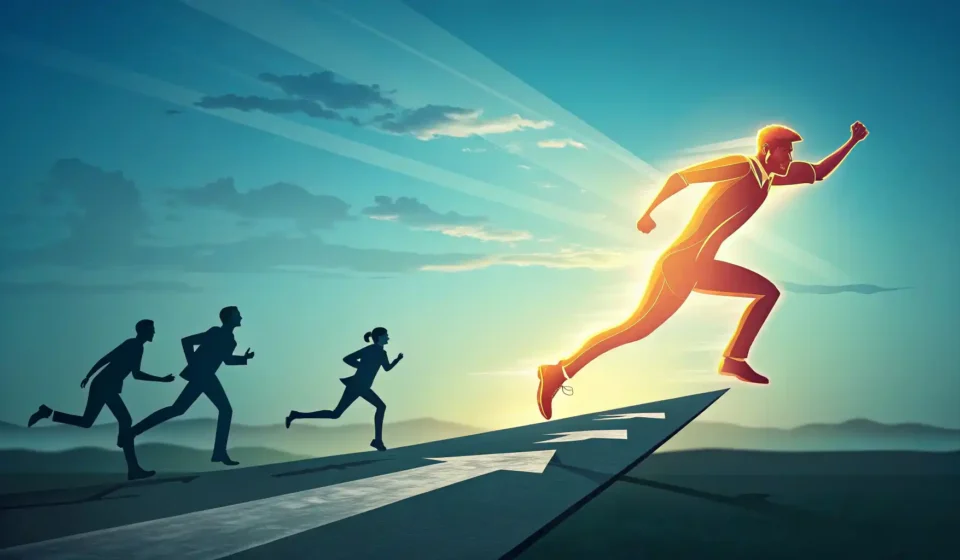 Be Ahead Of: 경쟁에서 앞서나가는 비결, 영어로 완벽 마스터하기 영어 표현 'Be ahead of'처럼 학습이나 경쟁에서 앞서 나가는 모습을 상징적으로 표현한 이미지.