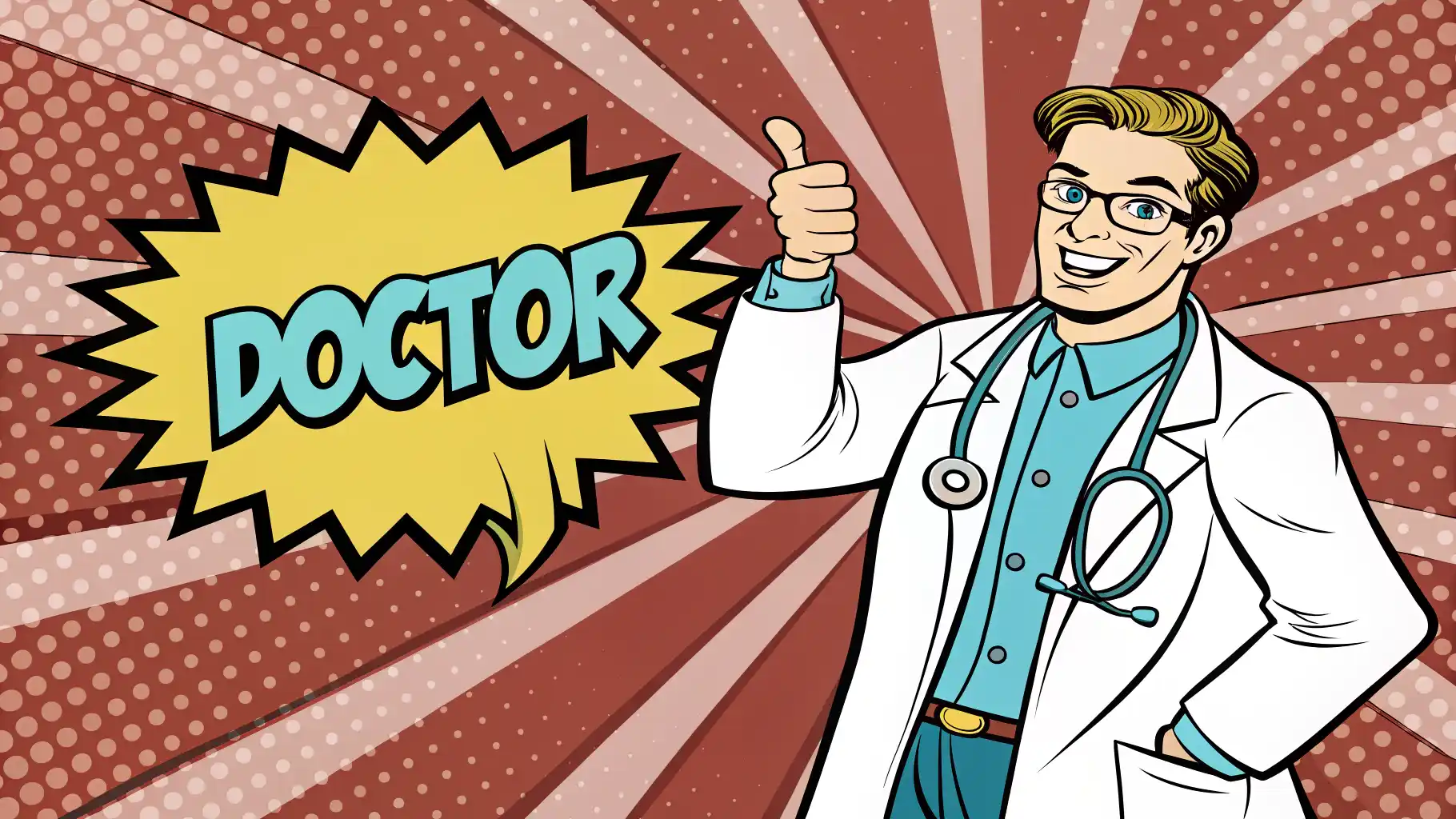 Just what the doctor ordered 구문: 정확히 필요한 것이나 해결책을 표현하는 방법 영어로 팝아트 스타일로 그린 의사가 'Just what the doctor ordered!' 영어 표현이 적힌 말풍선 옆에서 엄지척하는 이미지.
