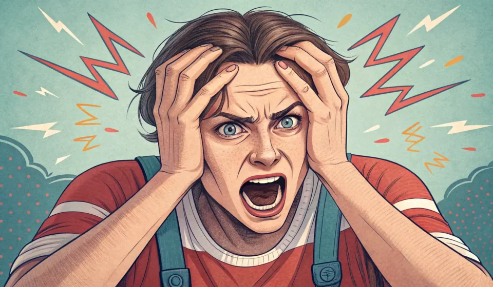 Drive someone up the wall 구문: 누군가를 매우 짜증나게 하거나 화나게 하는 것을 표현하기 영어로 매우 짜증나거나 화나는 상황을 묘사하는 영어 표현 'drive someone up the wall' 학습을 나타내는, 벽 앞에서 좌절한 사람 그림.