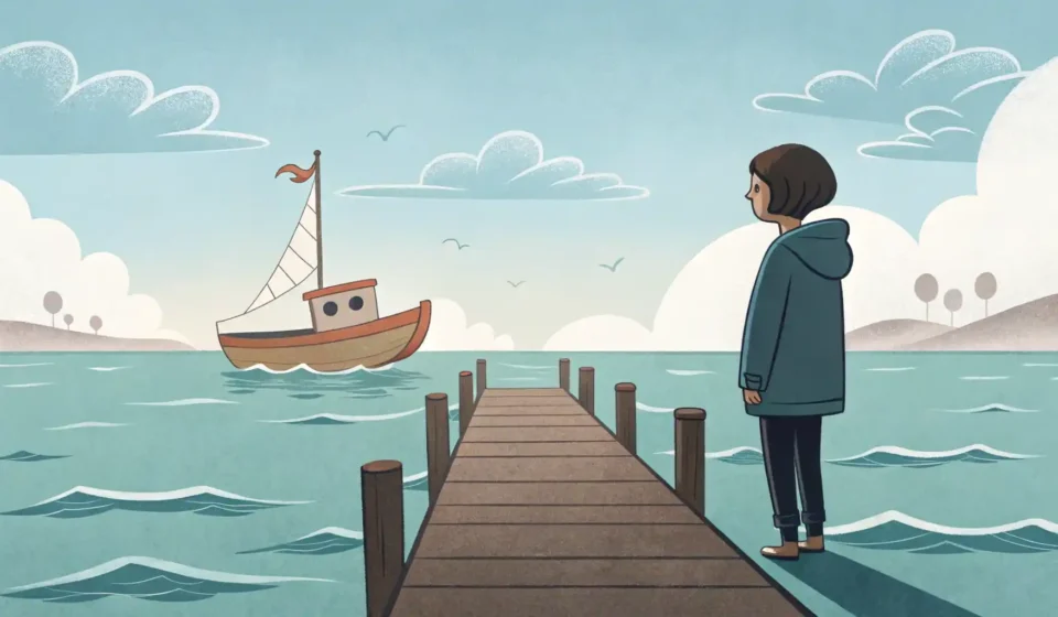 기회를 놓쳤을 때 쓰는 영어 표현: Miss the Boat 완벽 정복 부두에서 떠나가는 배를 아쉽게 바라보는 사람과 바닥에 놓인 책 아이콘 그림