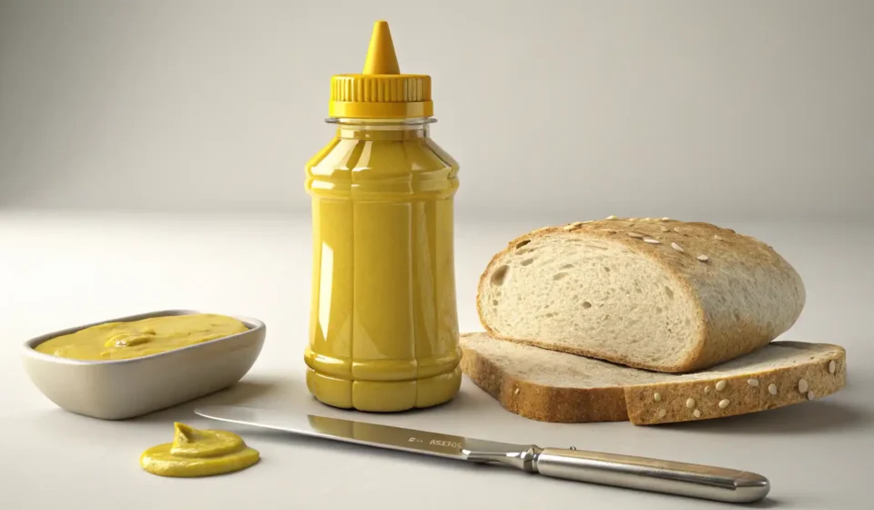 머스타드 영어로? Mustard! 완벽 가이드 노란 머스타드 병과 영어를 배우는 것을 상징하는 말풍선 아이콘 이미지
