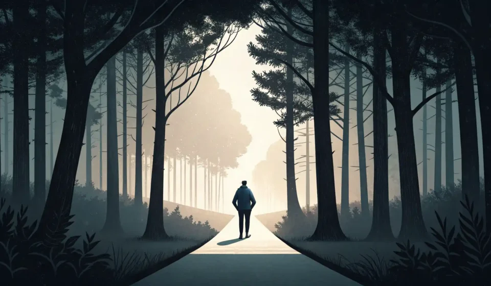 Out of the Woods: 위험과 어려움 극복을 표현하는 영어 마스터하기 어두운 숲길을 지나 밝은 곳으로 나와 어려움에서 벗어남을 상징적으로 보여주는 'out of the woods' 영어 표현 학습 이미지