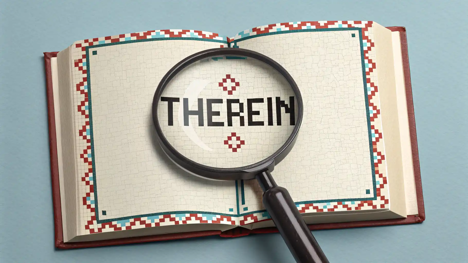Therein 구문: 그 안에, 그 점에서를 표현하는 표현법 영어로 픽셀 아트 스타일, 영어 단어 therein의 의미를 설명하는 책과 돋보기 일러스트