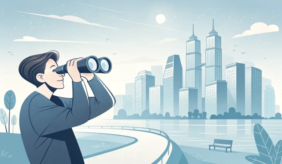 With a View To: ‘~할 목적으로’ 영어로 완벽하게 표현하는 방법 영어로 목적을 표현하는 'with a view to' 구문 학습을 상징하는, 쌍안경으로 먼 목표 지점을 바라보는 사람 일러스트