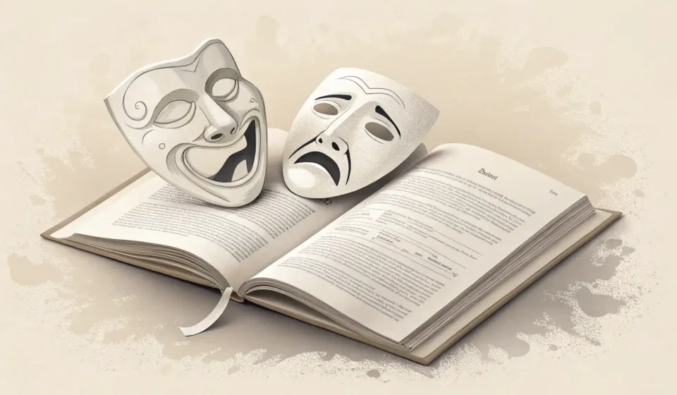 연기를 영어로? 배우처럼 말하는 법 완벽 가이드 연기 관련 영어 표현 학습을 상징하는 코미디와 비극 마스크 및 영어 학습 노트 이미지