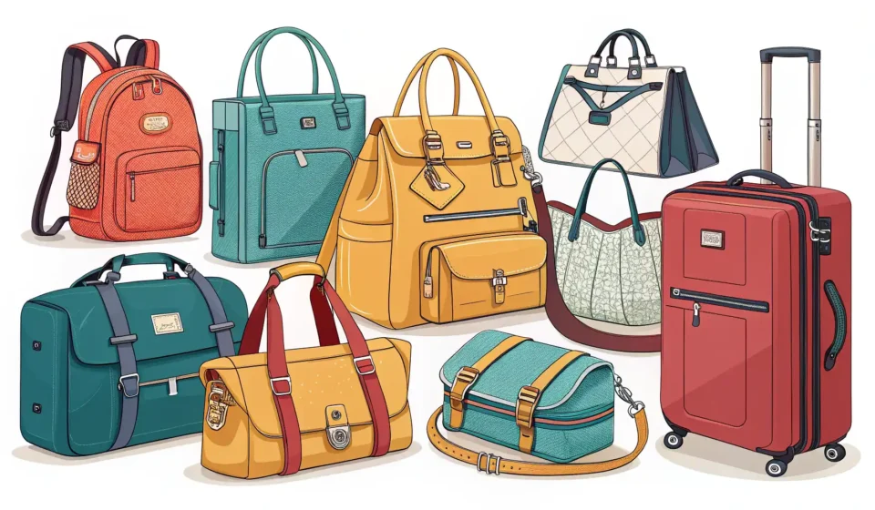 가방 영어로? Bag부터 Backpack까지 완벽 정리! 다양한 종류의 가방(배낭, 핸드백, 여행가방, 토트백, 서류가방)과 영어 단어 학습을 상징하는 아이콘이 있는 벡터 일러스트 이미지