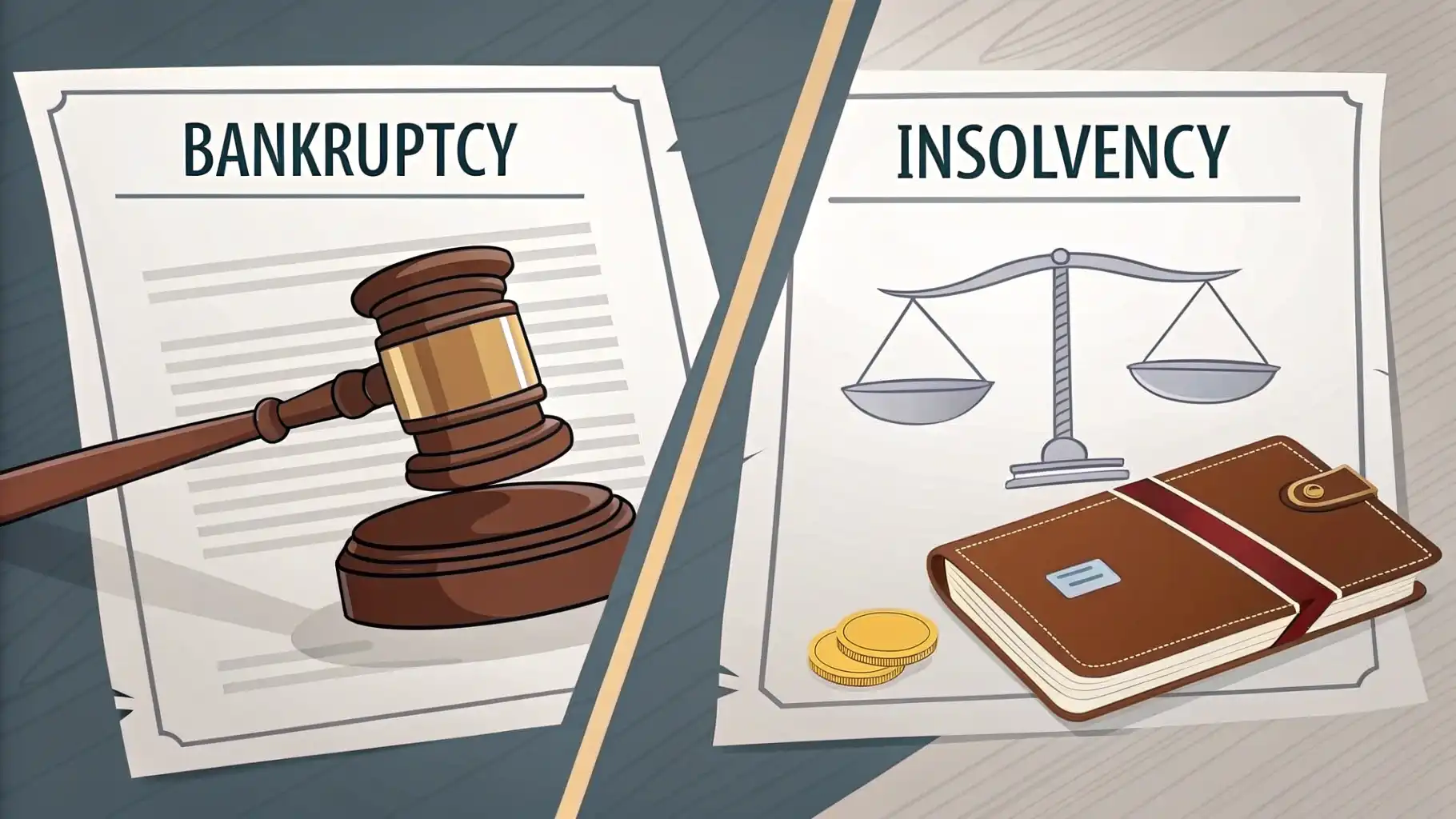 파산 영어로: Bankruptcy vs. Insolvency, 정확히 알고 사용하기 파산 관련 영어 표현 Bankruptcy와 Insolvency의 의미 차이를 시각적으로 보여주는 교육용 썸네일 이미지.