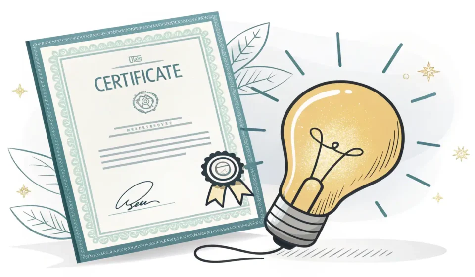 자격증 영어로? Certificate부터 License까지 완벽 정리! 자격증 서류와 전구 아이콘으로 영어 학습과 자격 취득을 표현한 이미지