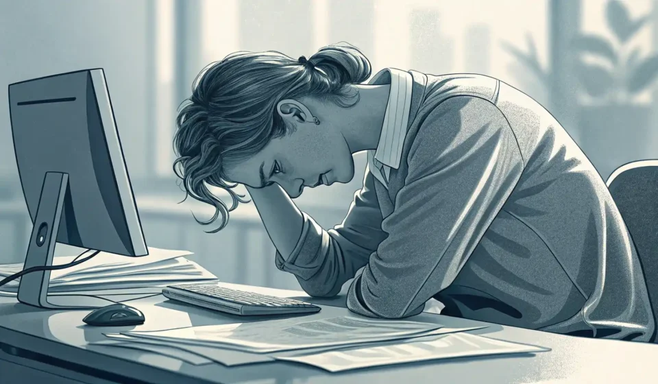 만성피로, 영어로 어떻게 말할까요? 지친 몸과 마음 표현하기 만성피로 관련 영어 표현 배우기: 지친 모습으로 책상 앞에서 영어 공부하는 사람 일러스트