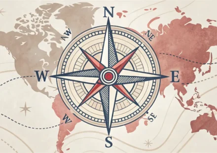 길 찾기 영어 완전 정복: 방향 묻고 답하는 필수 표현 영어로 길을 묻고 답하는 표현을 상징하는 나침반과 화살표, 지도 아이콘 이미지