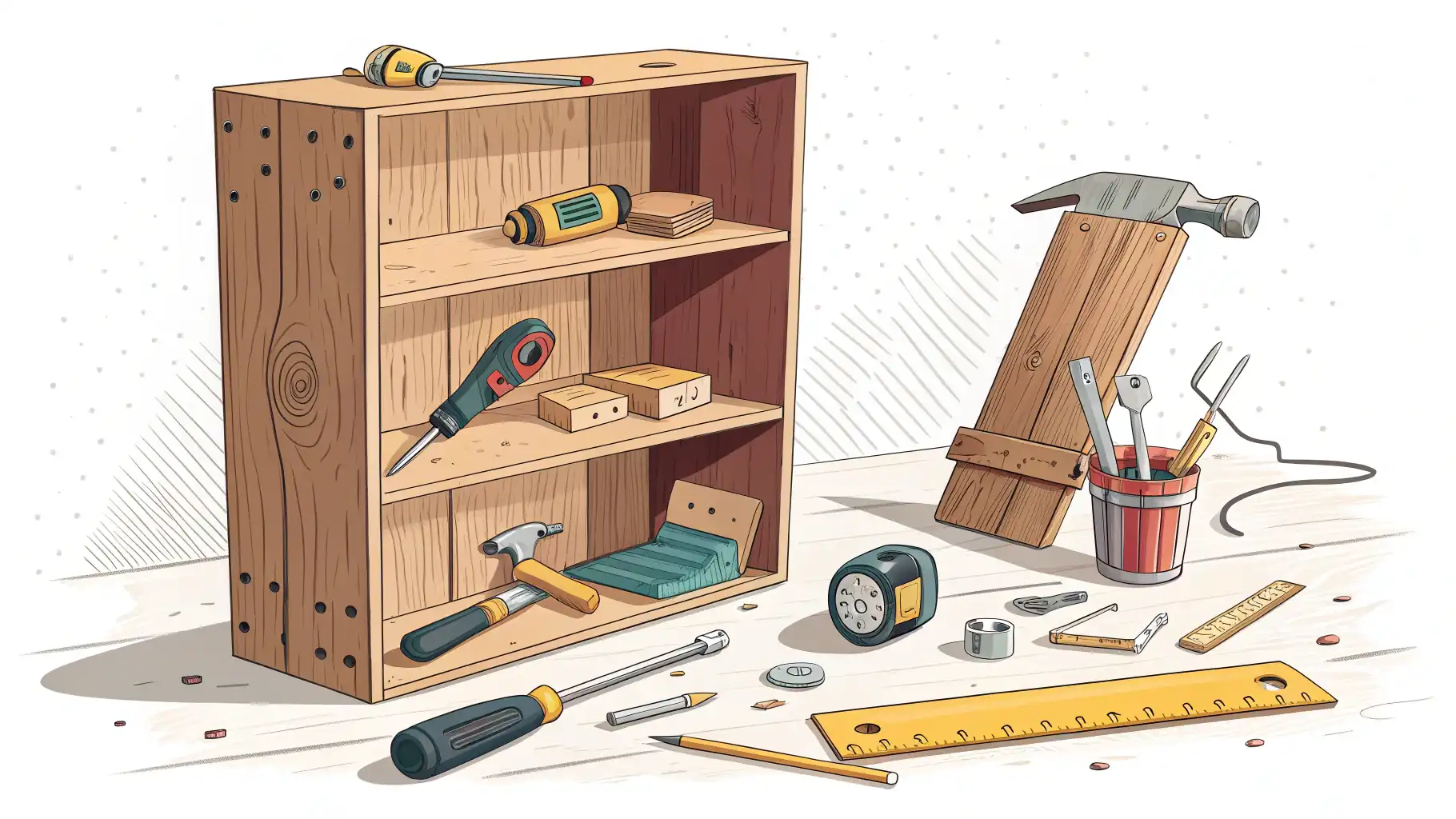 친구의 망한 DIY 프로젝트 놀리기 영어로 DIY 실패 관련 재미있는 영어 표현 배우기: 웃기게 삐뚤어진 책장과 "DIY Disaster?", "Epic Fail!" 영어 말풍선 일러스트