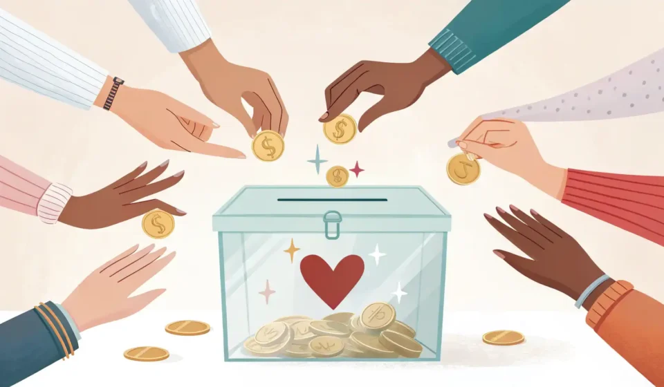 마음을 전하는 영어: 기부 관련 필수 표현 배우기 따뜻한 배경 속 하트 표시 기부함에 동전을 넣는 여러 손들과 영어 학습을 상징하는 아이콘 일러스트