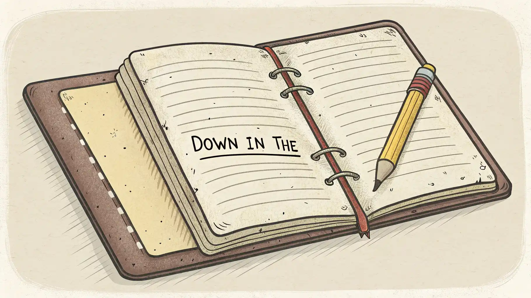 Down in the dumps 구문: 우울하거나 의기소침한 상태를 표현하는 영어 표현법 영어로 복고풍 스타일 영어 학습 노트 이미지, 'Down in the dumps' 영어 표현과 우울함을 나타내는 작은 아이콘 강조