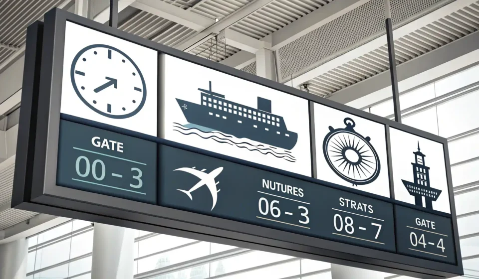 여객선 터미널 출항 안내, 영어로 자신 있게 확인하세요! 여객선 터미널 출항 정보 안내판과 영어 학습을 나타내는 말풍선 아이콘.