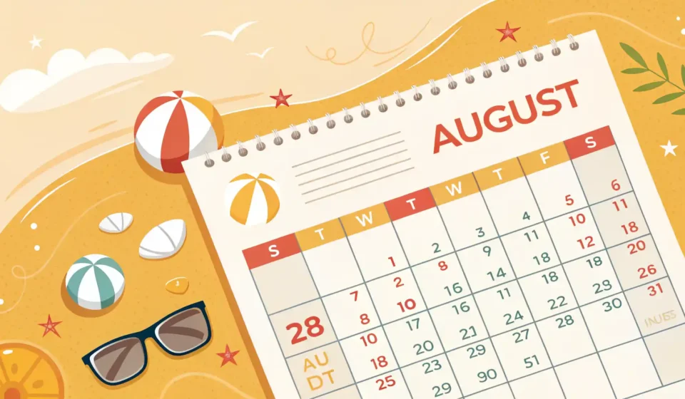 8월 영어로 어떻게 말할까요? August 완벽 정복 가이드 8월 달력과 영어 학습을 상징하는 아이콘이 있는 썸네일 이미지