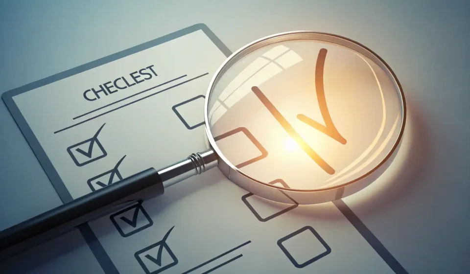 다양한 상황에서 ‘체크’를 영어로 표현하는 완벽 가이드 돋보기로 체크리스트를 확인하는 이미지, '체크' 관련 다양한 영어 표현 배우기