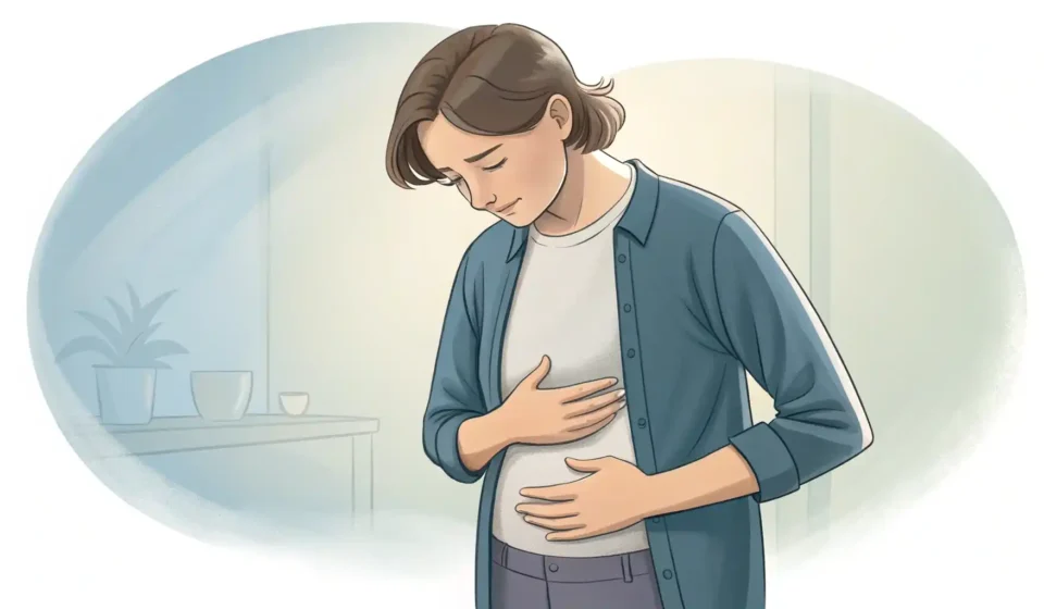 변비 영어로? Constipation 완벽 정복 가이드 배가 불편할 때 영어로 소통하는 방법을 배우는 것을 상징하는 이미지, 영어 학습 아이콘 포함.