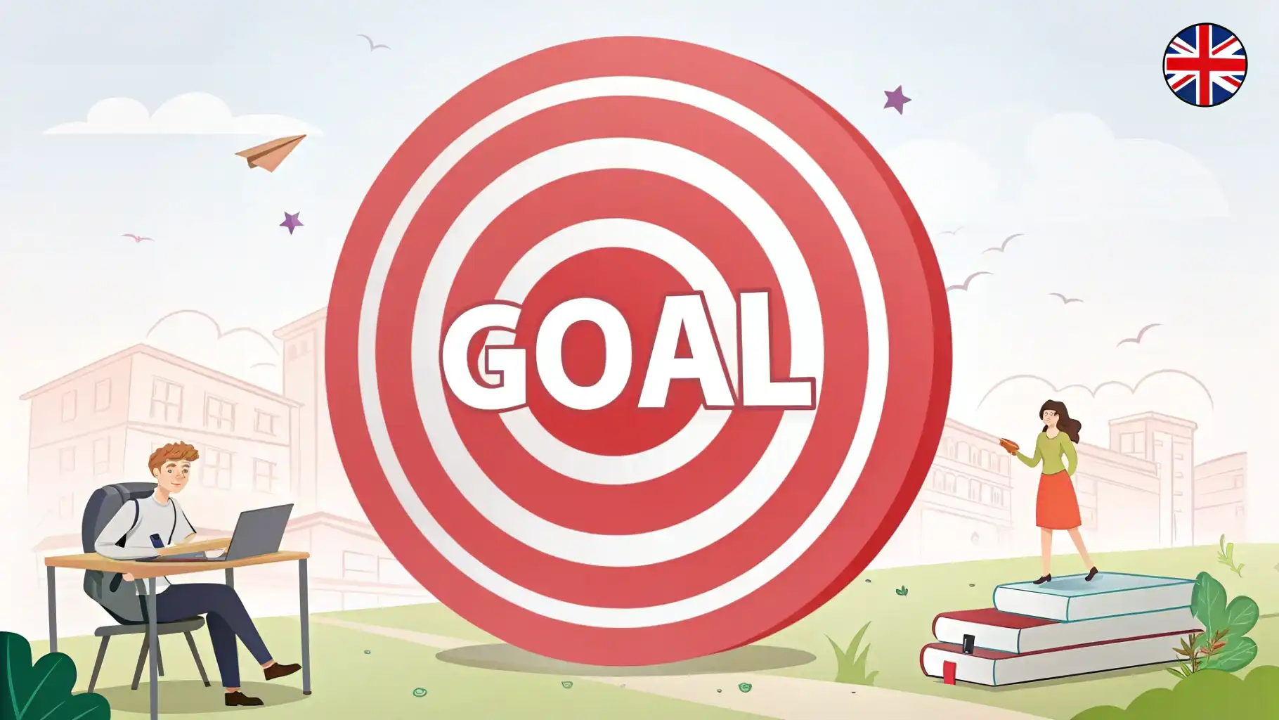 목표를 영어로 설명하는 표현 빨간색 과녁 중앙에 'GOAL' 글자가 있고 화살이 꽂혀 있으며, 주변에 'My goal is...' 같은 영어 목표 표현이 적힌 말풍선이 떠 있는 이미지.