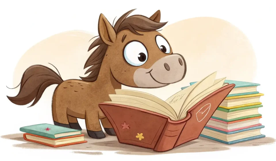 말 영어로 어떻게 표현할까요? Horse 완벽 정복 가이드 갈색 말 옆에 펼쳐진 책 그림, 말 관련 영어 표현 배우기 컨셉