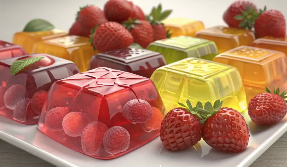 젤리를 영어로? ‘Jelly’부터 다양한 디저트 표현까지 완벽 정복! 다양한 종류의 젤리(영국식 젤리, 구미, 미국식 젤리/잼) 이미지와 영어 표현 학습을 나타내는 아이콘.