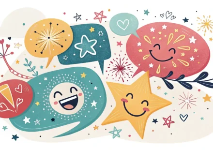 기쁨을 영어로 표현하는 다채로운 방법 기쁨 관련 영어 표현 배우기: 행복한 아이콘이 담긴 말풍선과 영어 사전 일러스트