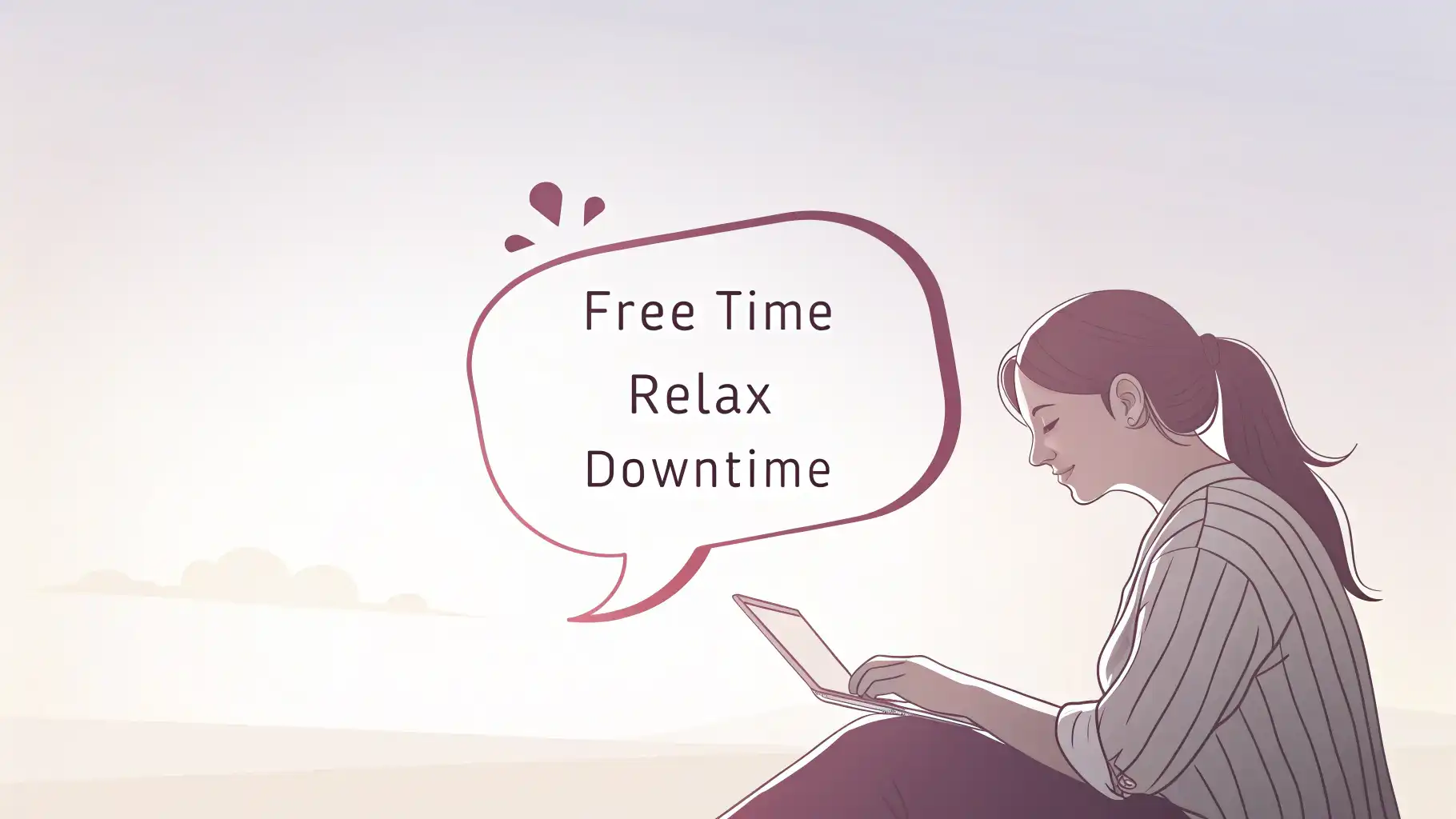 여유를 영어로 묘사하는 방법 'Free Time', 'Relax' 등 여유 관련 영어 단어가 담긴 말풍선과 편안하게 쉬는 사람 아이콘, 여유를 묘사하는 영어 표현 학습 썸네일.