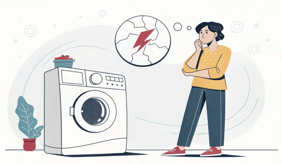 고장과 수리, 영어로 자신 있게 말하기: 상황별 필수 표현 가이드 고장난 가전제품 앞에서 수리 관련 영어 표현을 생각하는 사람 일러스트