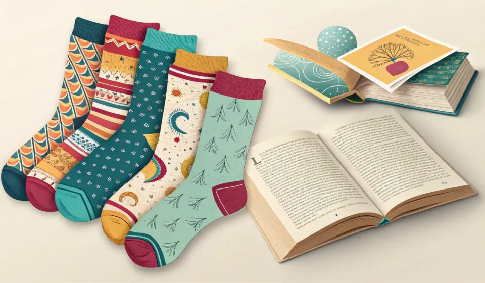 양말 영어로? Socks부터 다양한 표현까지 완벽 정리! 다양한 종류의 양말과 영어 학습을 상징하는 책, 말풍선 아이콘이 그려진 교육적인 느낌의 이미지
