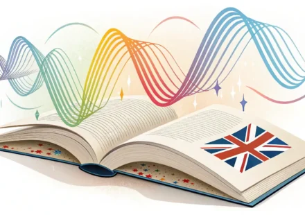 소리를 영어로 표현하는 완벽 가이드: 다양한 상황별 표현 배우기 다양한 소리를 나타내는 영어 표현 학습을 상징하는 다채로운 음파와 영어 책 그림