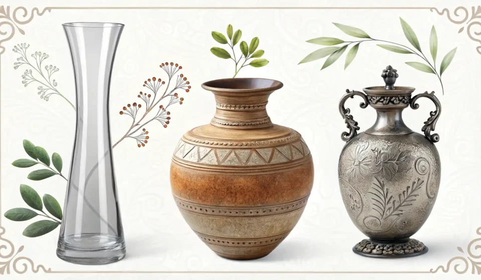꽃병 영어로? ‘Vase’ 하나로 끝내지 마세요! 다양한 표현 알아보기 다양한 모양의 꽃병들과 영어 표현 학습을 상징하는 말풍선 아이콘 일러스트