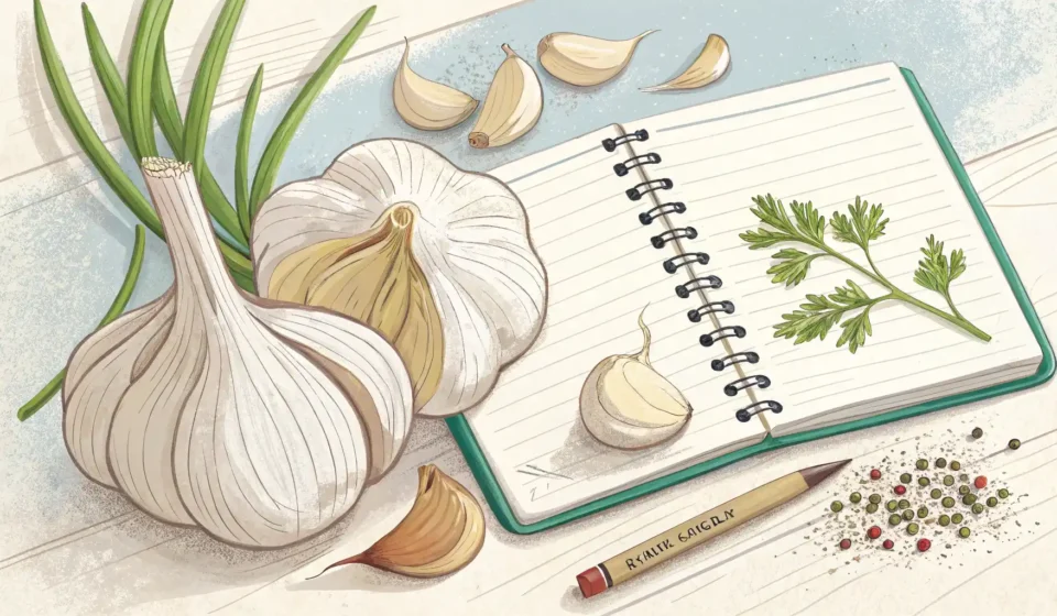 마늘, 영어로 자신있게 말해보세요: Garlic 완전 정복 가이드 신선한 마늘 통과 낱개 쪽, 펜이 놓인 노트 옆에 말풍선 아이콘이 있는 이미지, 마늘 관련 영어 표현 학습을 나타냄