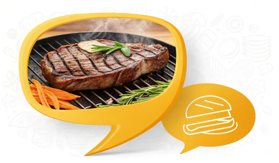 맛있는 구이 요리, 영어로 자신 있게 주문하고 설명하기! 그릴 위 스테이크 아이콘과 영국 국기 아이콘이 있는 말풍선 이미지, 구이 관련 영어 표현 학습 상징