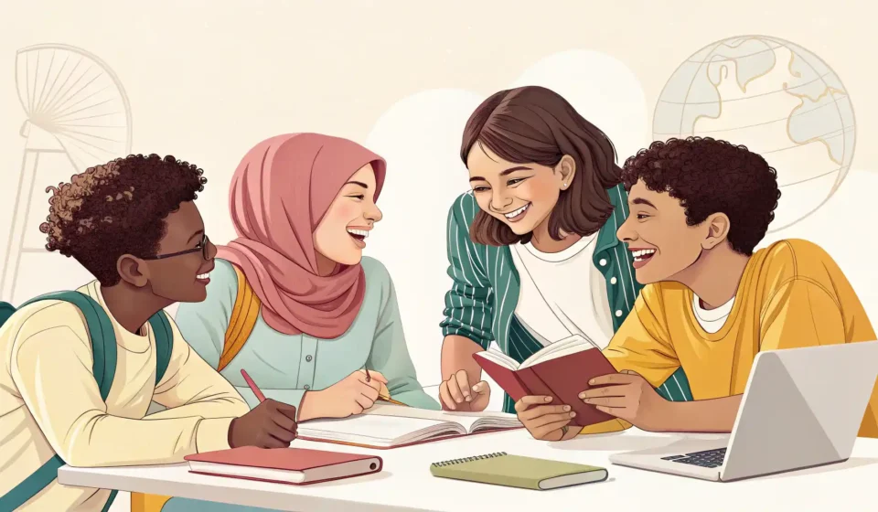 어학원, 영어로 자연스럽게 말하는 법: Language School부터 Academy까지 영어 어학원 표현: 다양한 국기, 물음표, 전구 아이콘이 있는 말풍선 아래에서 영어 공부하는 학생들 일러스트
