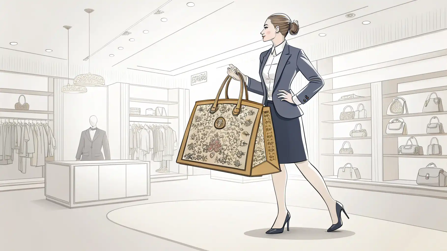 중고 명품점에서 자신 있게 판매하기: 필수 영어 표현 중고 명품점 판매를 위한 영어 표현 학습을 나타내는 일러스트. 세련된 판매원과 명품 가방, 영어 말풍선이 보인다.