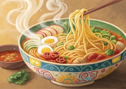 국수 영어로? 면 요리의 모든 것, 영어로 자신 있게 주문하고 설명하기! 다양한 종류의 국수 요리와 영어 학습을 상징하는 아이콘이 함께 있는 이미지
